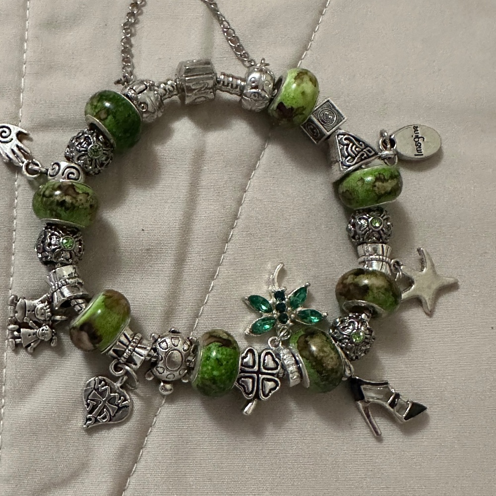 Handmade – NWOT – stainless steel charm bracelet with green beads & charms